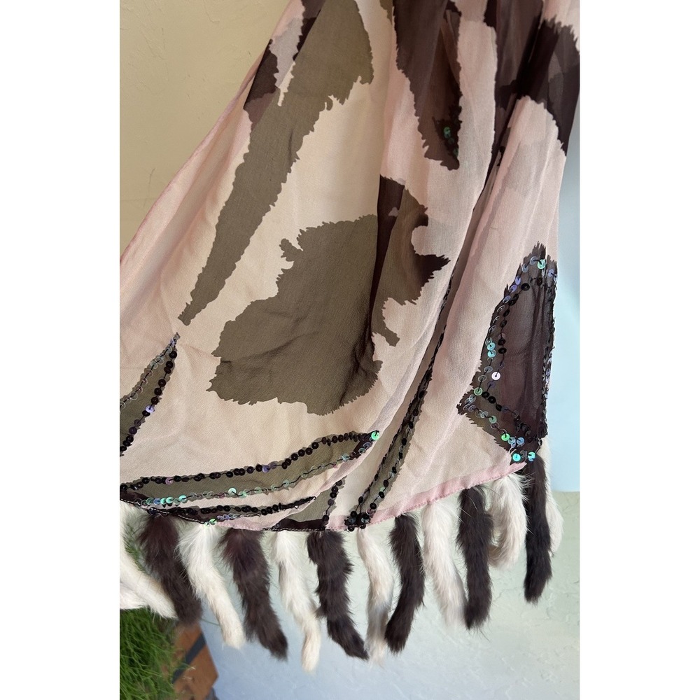 Sheer Silk Scarf Wrap Rabbit Fur Tassel Sequin Retro Glam Maximalist‎ Bohemian - Picture 3 of 7